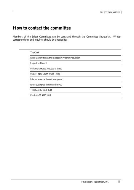 Select Committee on the Increase in Prisoner Population Final Report