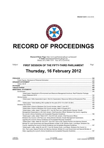 RECORD OF PROCEEDINGS - Queensland Parliament ...