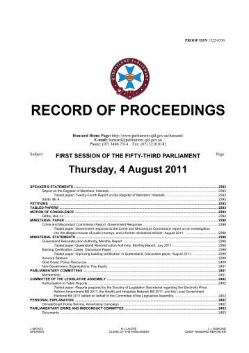 RECORD OF PROCEEDINGS - Queensland Parliament ...