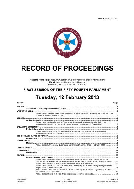 RECORD OF PROCEEDINGS - Queensland Parliament