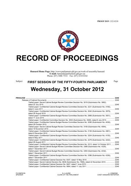 RECORD OF PROCEEDINGS - Queensland Parliament ...