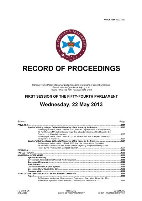 RECORD OF PROCEEDINGS - Queensland Parliament ...