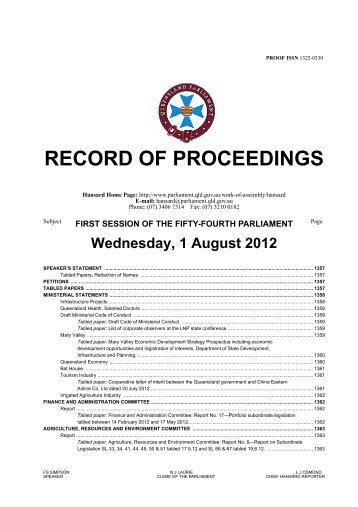 RECORD OF PROCEEDINGS - Queensland Parliament ...