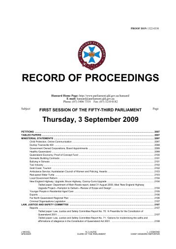 RECORD OF PROCEEDINGS - Queensland Parliament ...