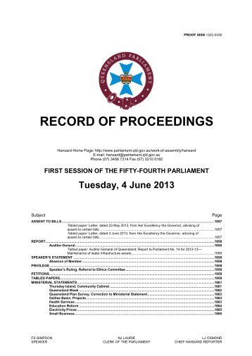 RECORD OF PROCEEDINGS - Queensland Parliament ...