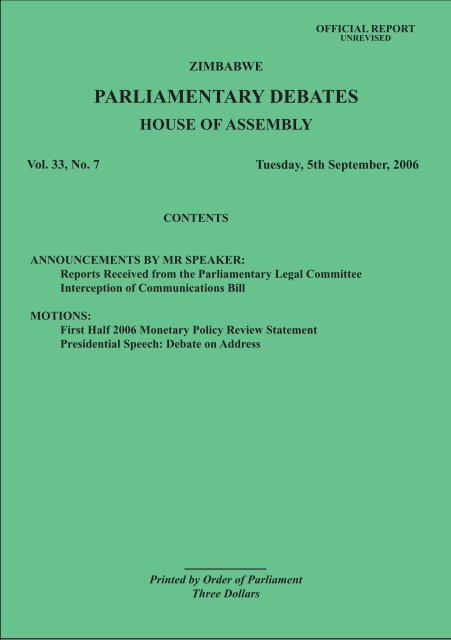 5 September 2006 No.33-07 - Zimbabwe Parliament