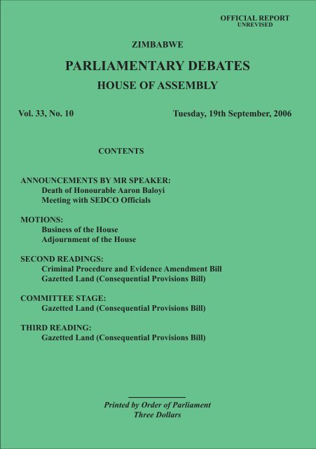 19 September 2006 No.33-10 - Zimbabwe Parliament