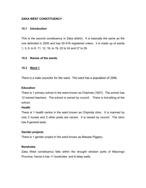 ZAKA WEST CONSTITUENCY 15.1 Introduction This is the second ...