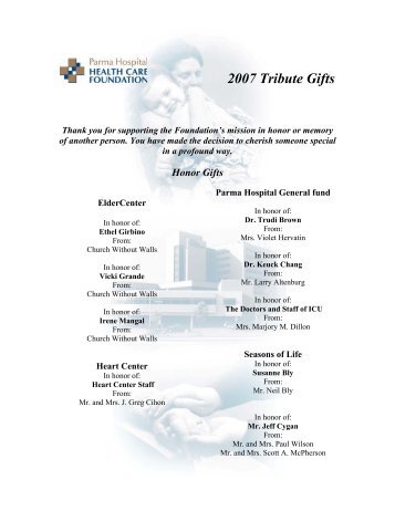 Thank you to these thoughtful donors who contributed - Parma ...