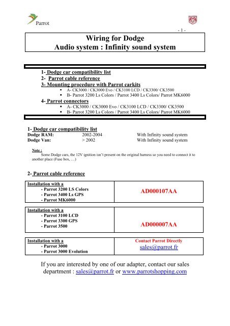 Wiring for Dodge Audio system : Infinity sound system - Parrot