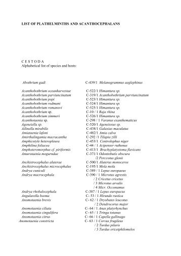 List of plathelminths and acanthocephalants with host species