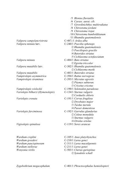 List of plathelminths and acanthocephalants with host species