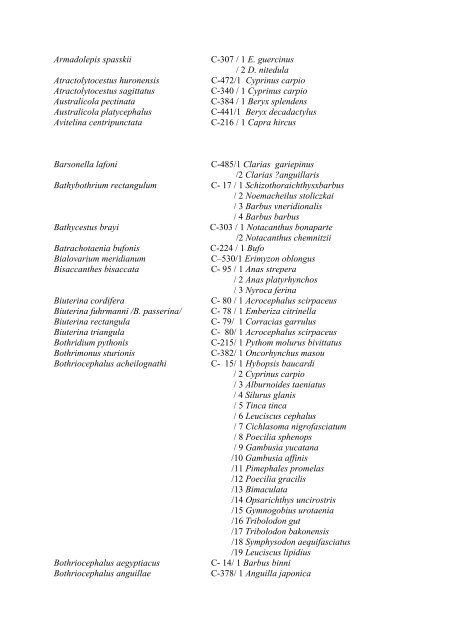 List of plathelminths and acanthocephalants with host species