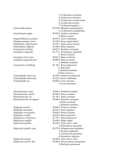 List of plathelminths and acanthocephalants with host species