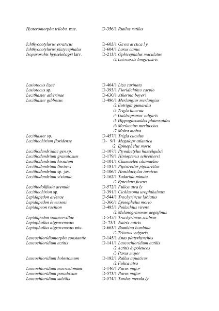 List of plathelminths and acanthocephalants with host species