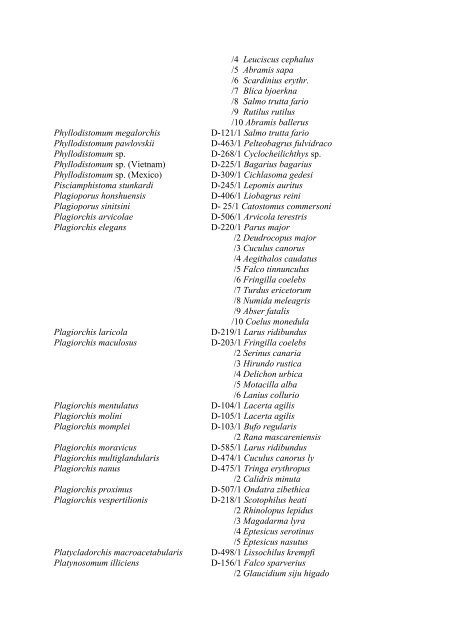 List of plathelminths and acanthocephalants with host species