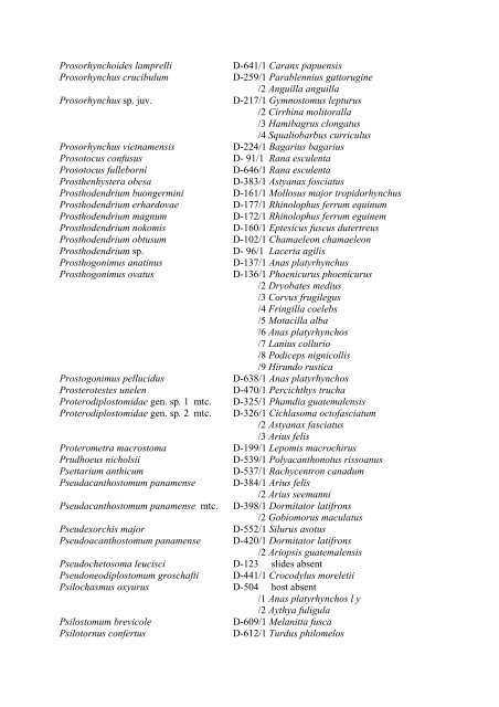 List of plathelminths and acanthocephalants with host species