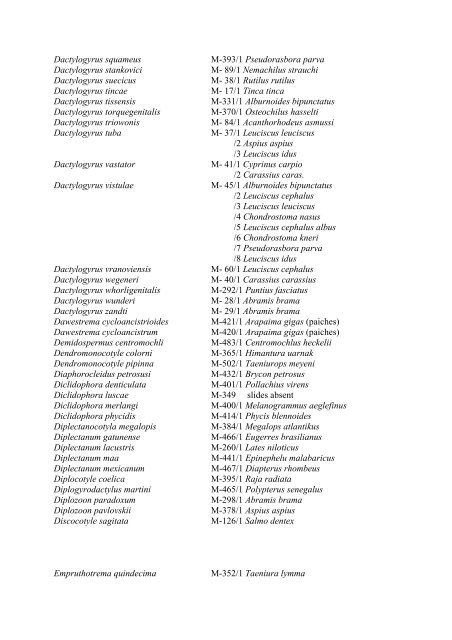 List of plathelminths and acanthocephalants with host species