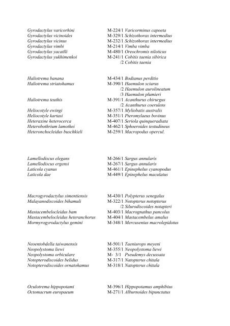 List of plathelminths and acanthocephalants with host species