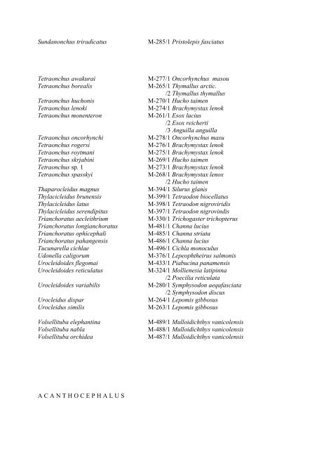 List of plathelminths and acanthocephalants with host species