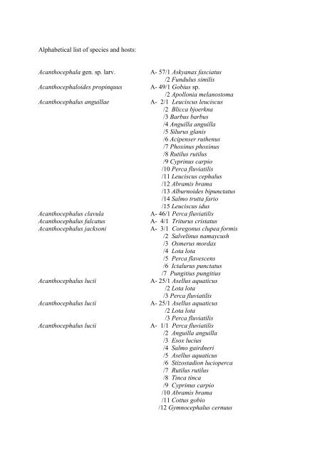 List of plathelminths and acanthocephalants with host species