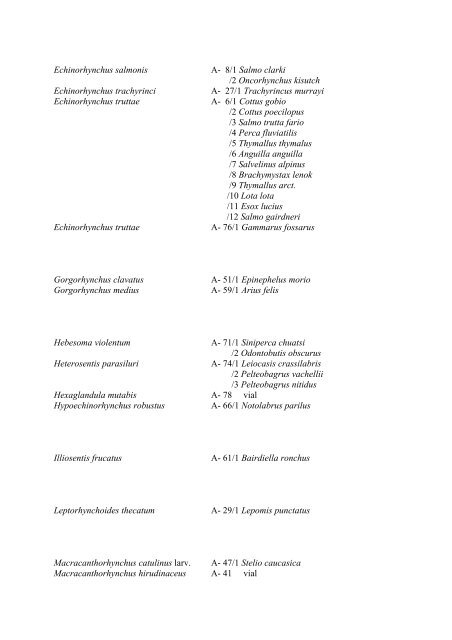 List of plathelminths and acanthocephalants with host species