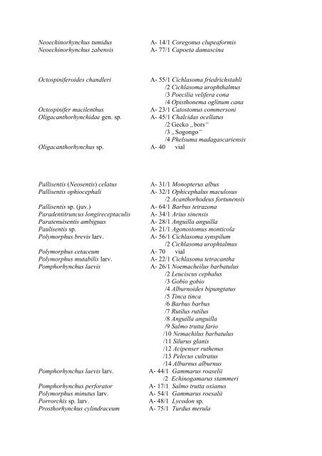 List of plathelminths and acanthocephalants with host species