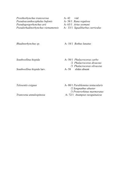 List of plathelminths and acanthocephalants with host species