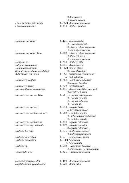 List of plathelminths and acanthocephalants with host species