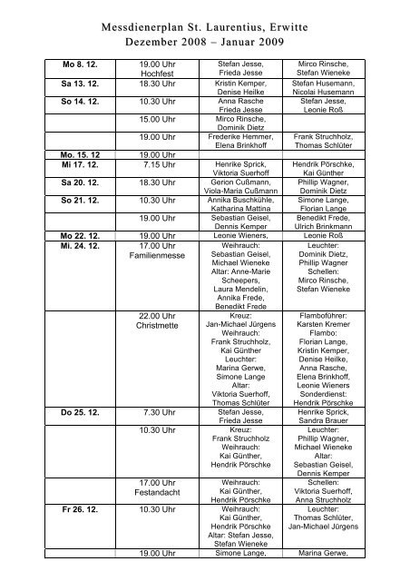 Messdienerplan St. Laurentius, Erwitte Messdienerplan St ...