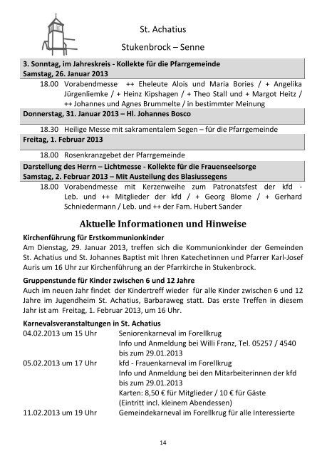 3. Februar 2013 - Pastoralverbund SchloÃ Holte - Stukenbrock