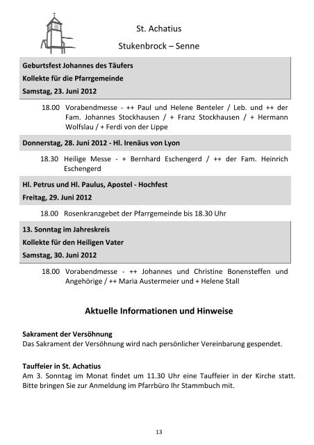 Sonntag, 24. Juni 2012 - Pastoralverbund SchloÃ Holte - Stukenbrock