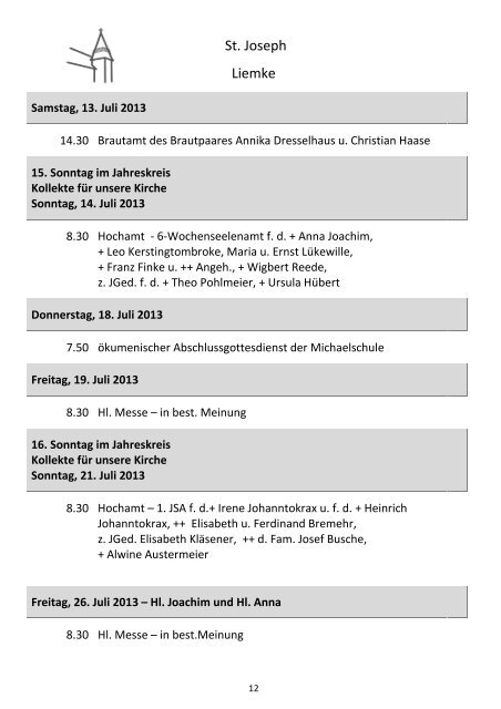 Sonntag, 21. Juli 2013 - Pastoralverbund SchloÃ Holte - Stukenbrock