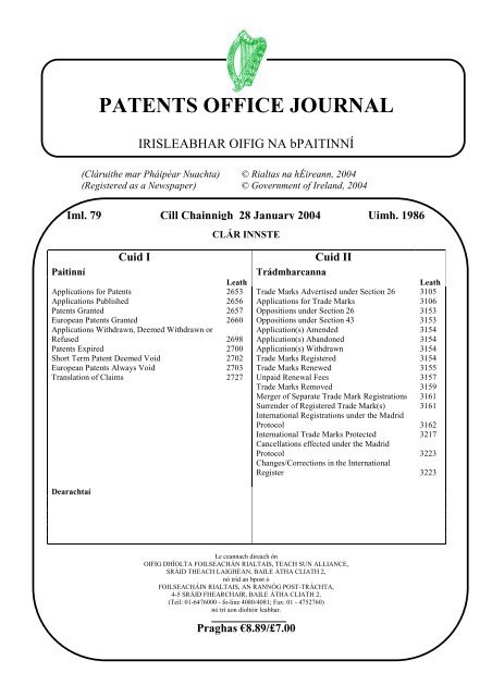 PATENTS OFFICE JOURNAL - Irish Patents Office