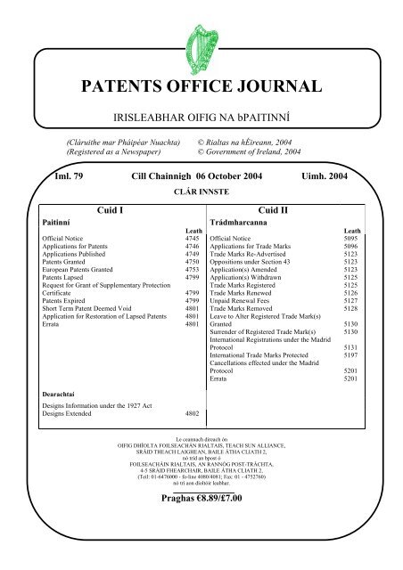 PATENTS OFFICE JOURNAL - Irish Patents Office