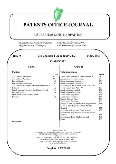 PATENTS OFFICE JOURNAL - Irish Patents Office