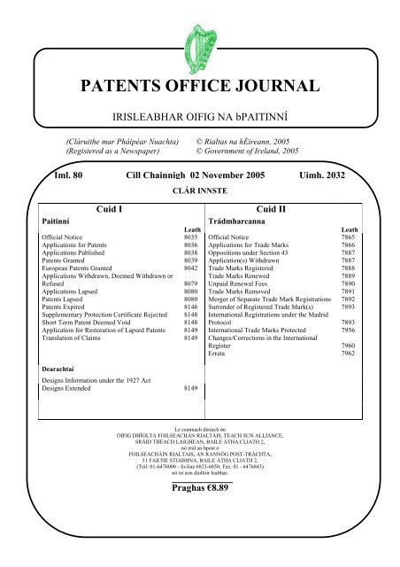 PATENTS OFFICE JOURNAL - Irish Patents Office