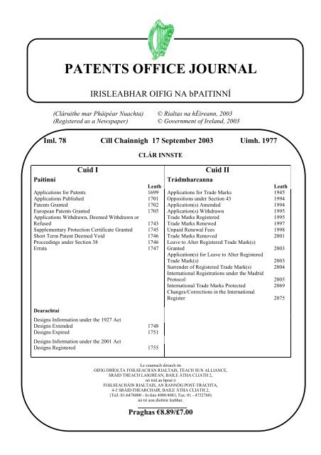 PATENTS OFFICE JOURNAL - Irish Patents Office