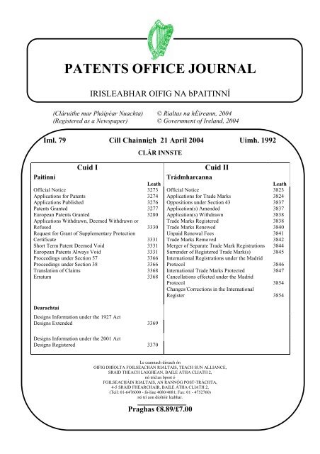 PATENTS OFFICE JOURNAL - Irish Patents Office