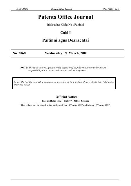 2068 - patents office journal - Irish Patents Office