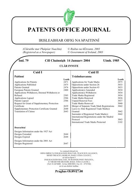 JOURNAL OFFICE Office - Irish Patents PATENTS