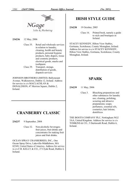 PATENTS OFFICE JOURNAL - Irish Patents Office