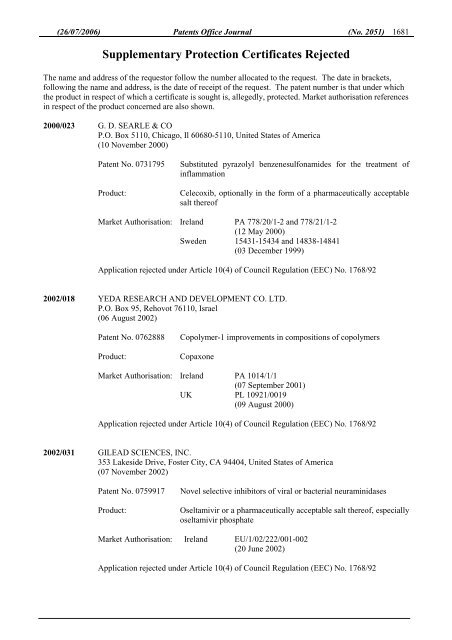 PATENTS OFFICE JOURNAL - Irish Patents Office