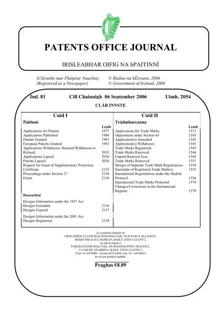 PATENTS OFFICE JOURNAL - Irish Patents Office