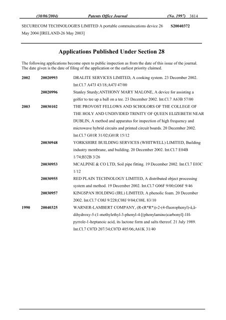 PATENTS OFFICE JOURNAL - Irish Patents Office