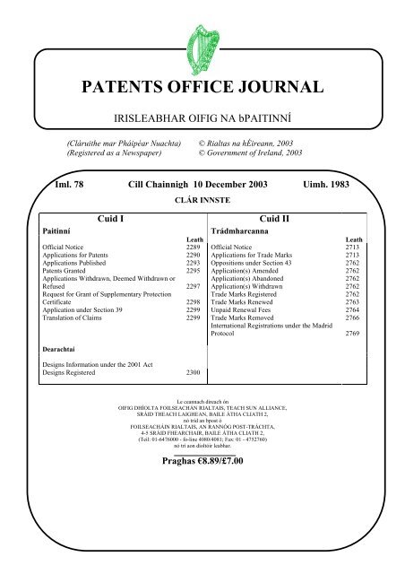 PATENTS OFFICE JOURNAL - Irish Patents Office