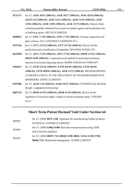 PATENTS OFFICE JOURNAL - Irish Patents Office