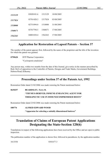 PATENTS OFFICE JOURNAL - Irish Patents Office