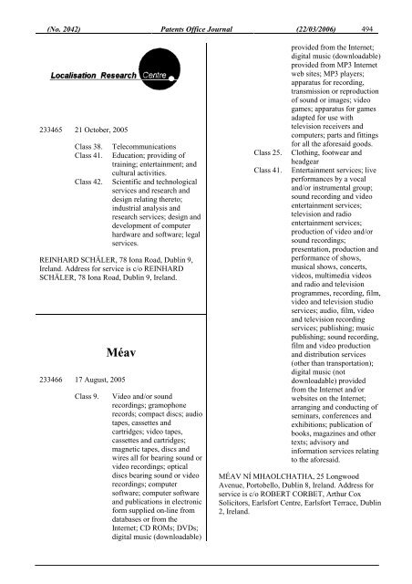 PATENTS OFFICE JOURNAL - Irish Patents Office