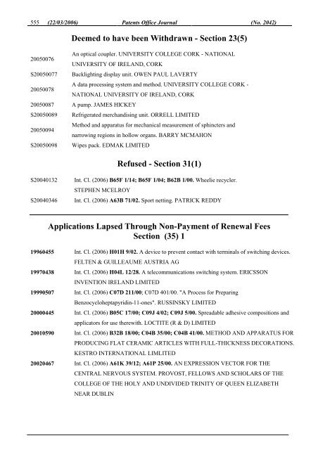 PATENTS OFFICE JOURNAL - Irish Patents Office